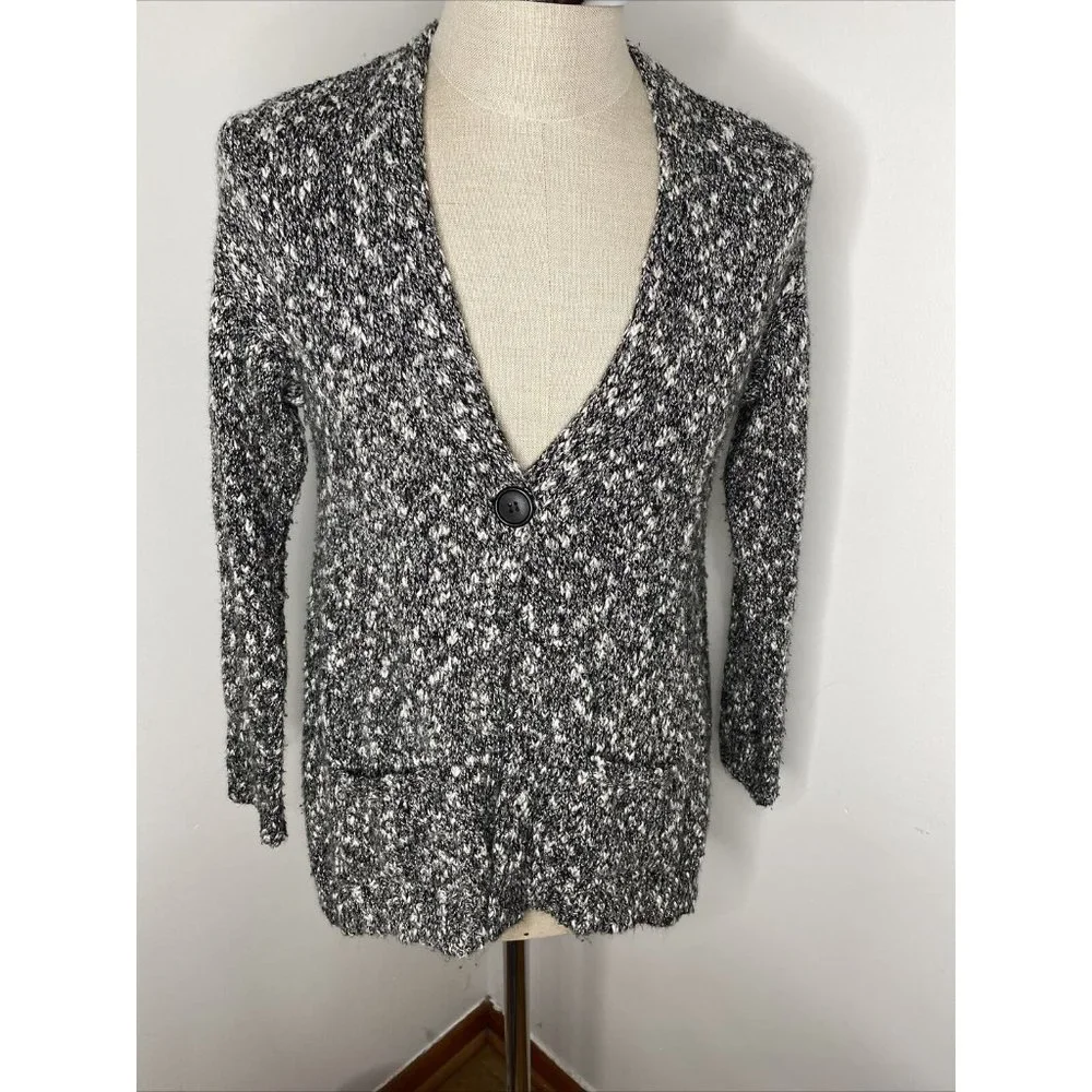 J Jill Cardigan Sweater Sz S Black White Chunky Pure Jill Pockets COtton